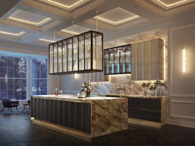 Elegant modern kitchen with marble finishes and ambient lighting.