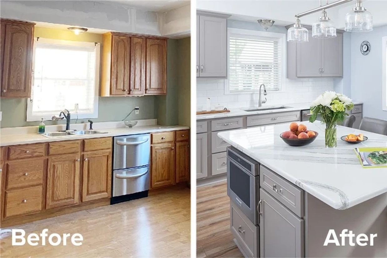 Before and after kitchen renovation showing modern upgrades.