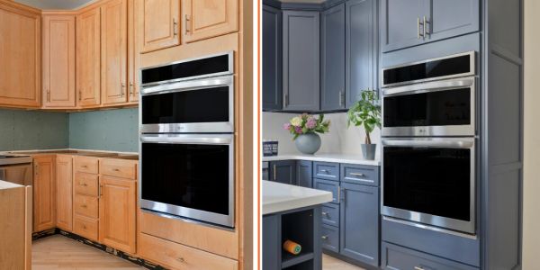 Comparison of kitchen cabinets before and after painting from natural wood to blue.