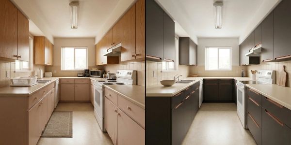 Two contrasting kitchen designs with different cabinet colors side by side.