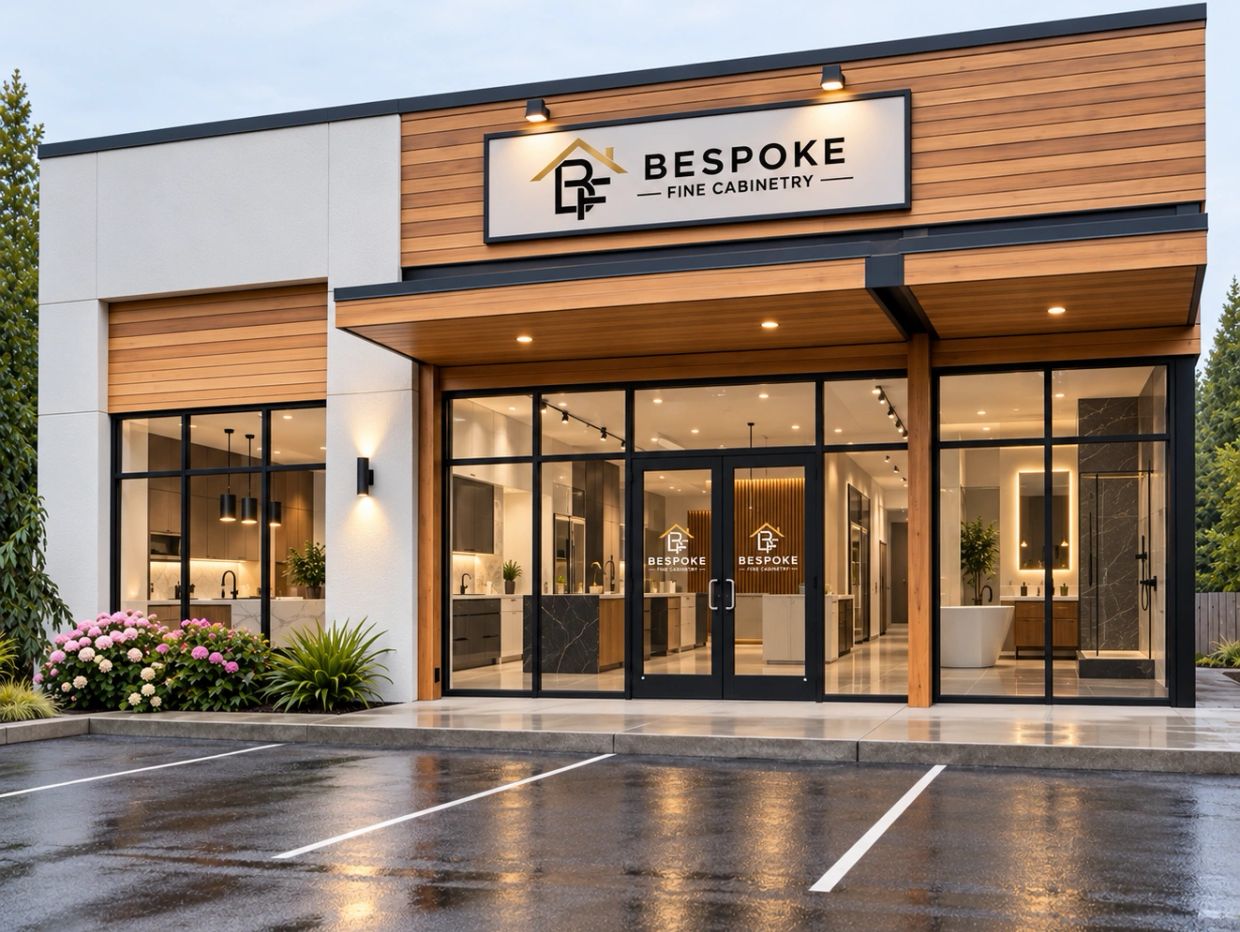 Modern bespoke cabinetry showroom with glass facade.
