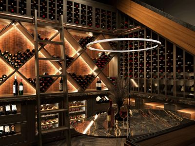 Elegant wine cellar with warm lighting and wooden shelves.