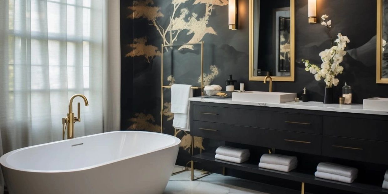 Modern bathroom with a freestanding bathtub and dark floral accent wall.