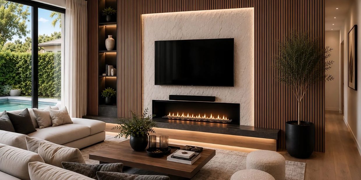 Modern living room with TV and fireplace.