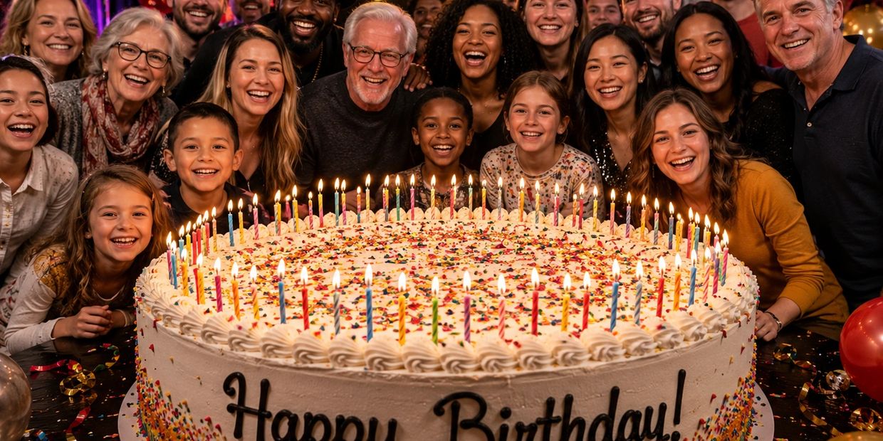 A large group of people smiling behind a giant birthday cake with many candles.