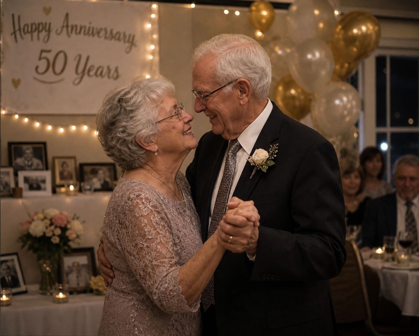 An elderly couple dancing at their 50th anniversary celebration.
