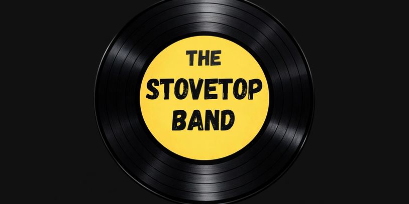 Black vinyl record with yellow label displaying 'The Stovetop Band' text.