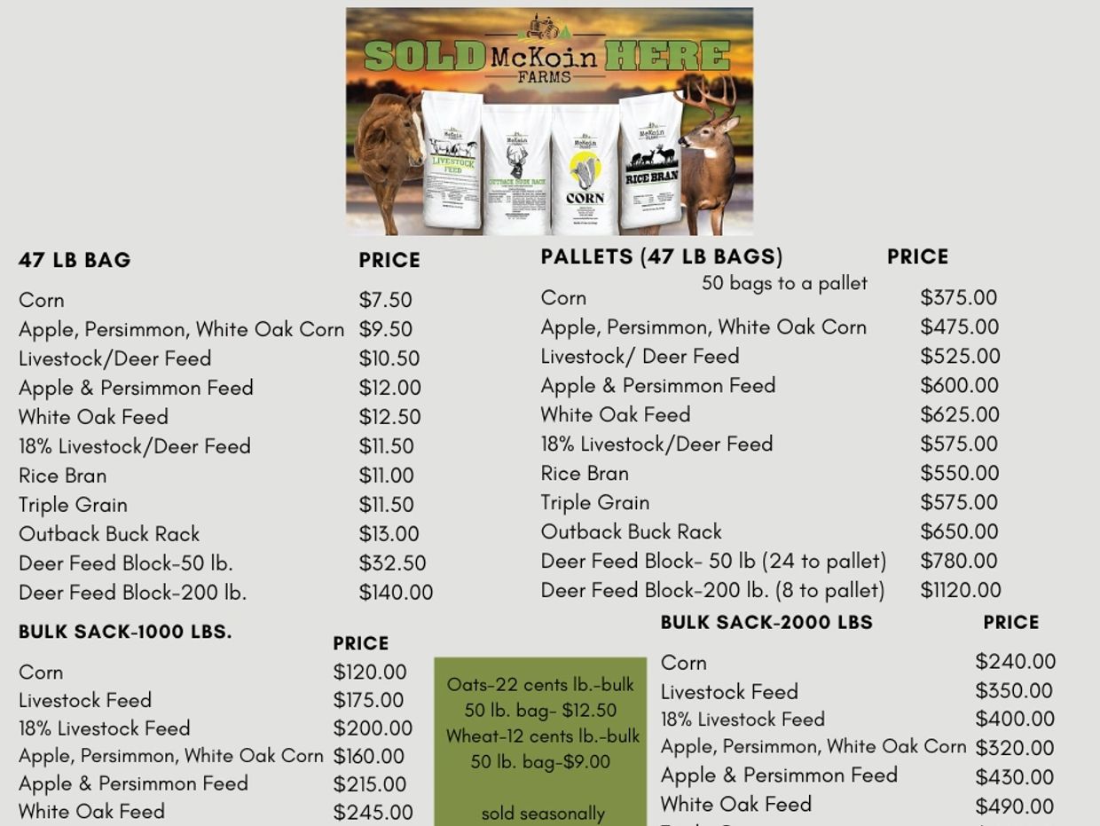 Farm feed prices and options from McKoin Farms.