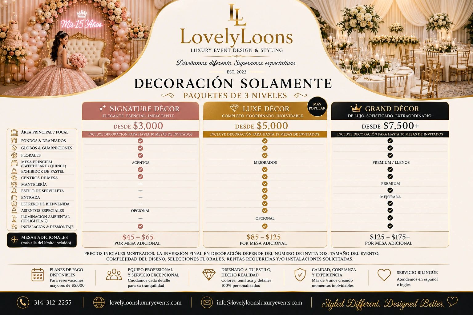 Luxury event decoration packages for different needs and budgets.
