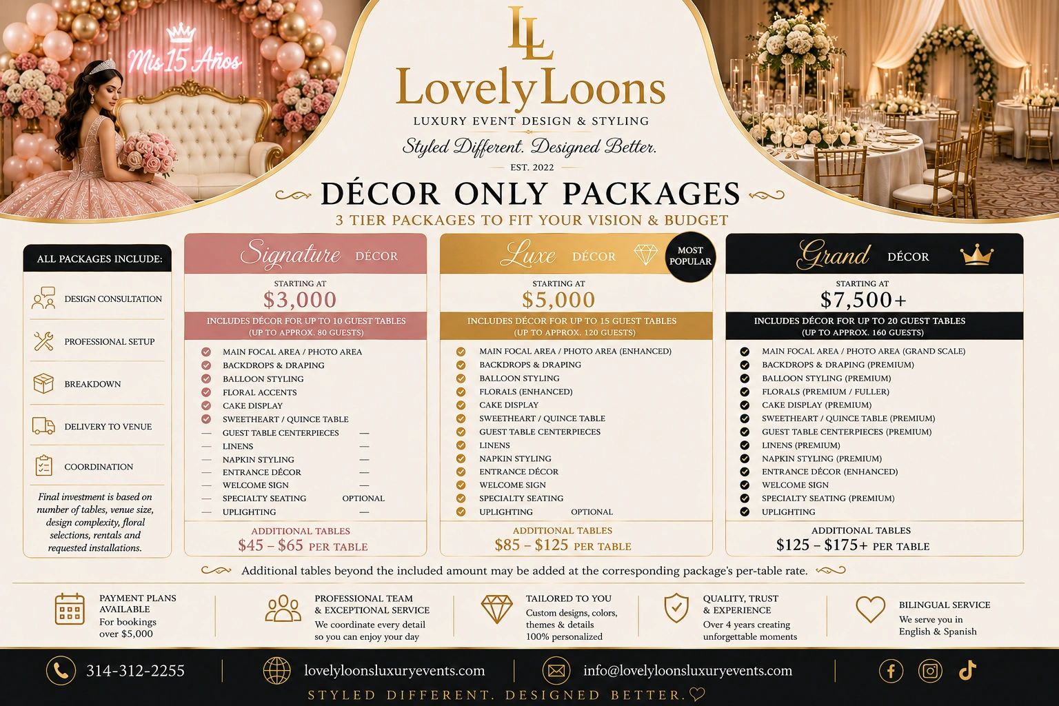Event décor packages with pricing and features for lavish celebrations.