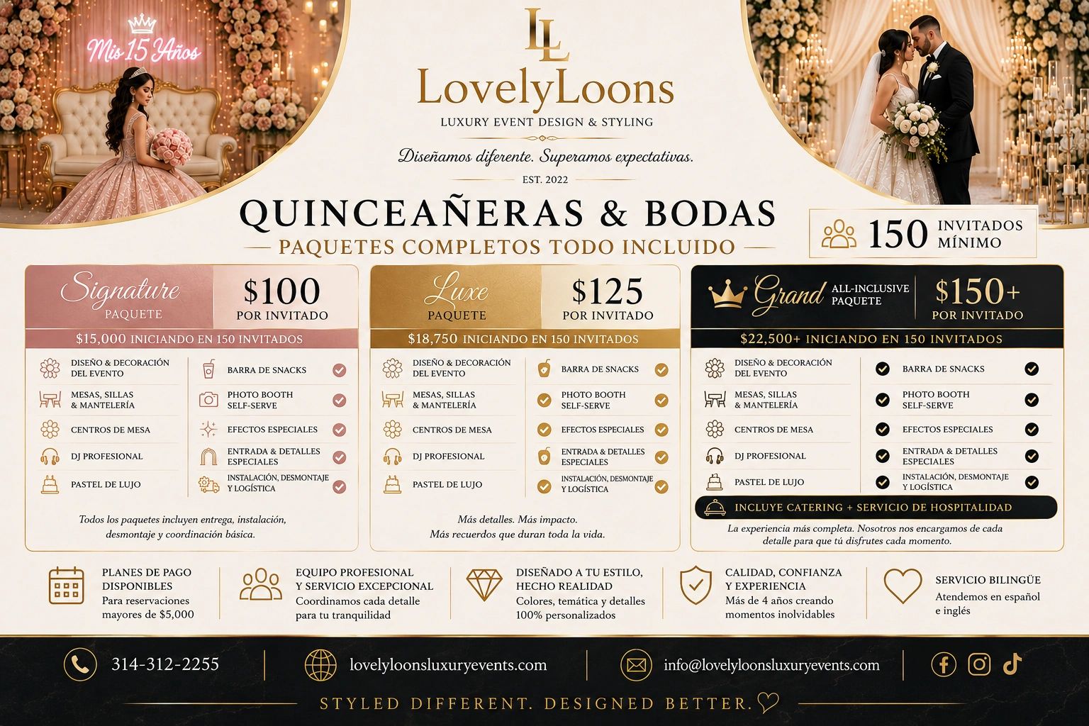 Luxury event packages for quinceañeras and weddings with full services.