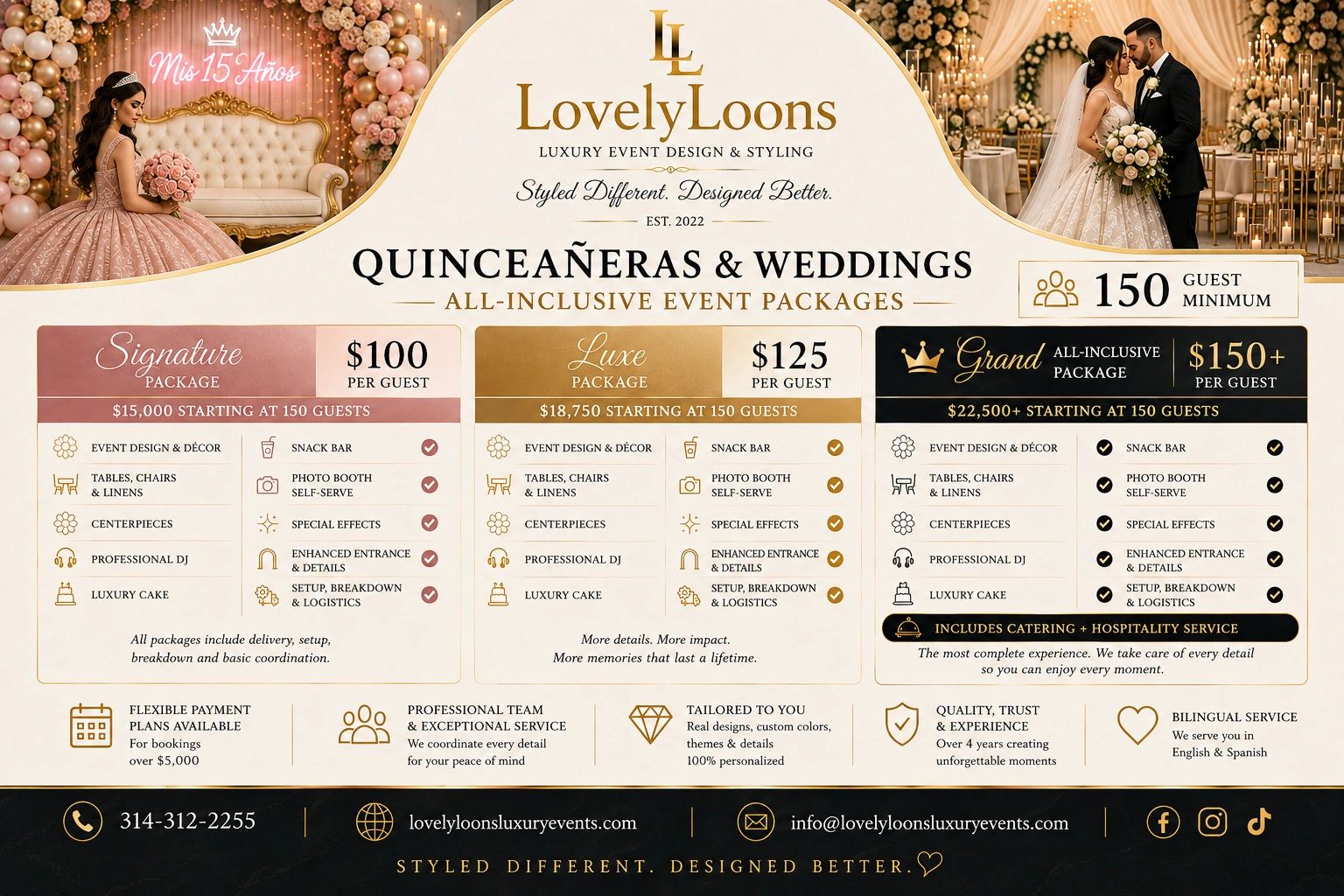 Luxury event packages for quinceañeras and weddings with 150 guest minimum.
