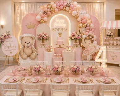 Pink teddy bear and ballerina themed birthday party setup.