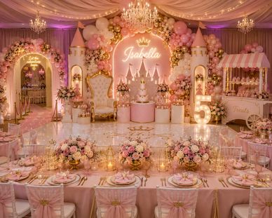 Elegant pink princess-themed birthday party setup.