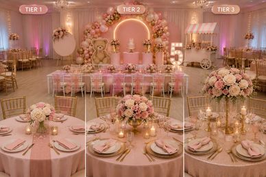 Elegant tiered birthday party table setup with pink and gold decor.