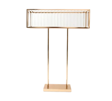 Modern rectangular floor lamp with gold frame and white shade.