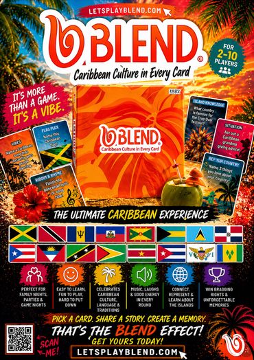 Colorful Caribbean culture card game for 2-10 players with flags and trivia.
