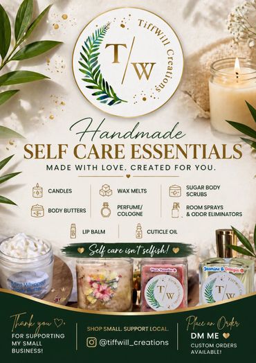 Handmade self-care essentials by TiffWill Creations, including candles and scrubs.