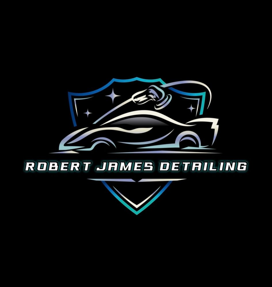 Stylized logo for Robert James Detailing with a sleek car and polishing tool inside a shield.