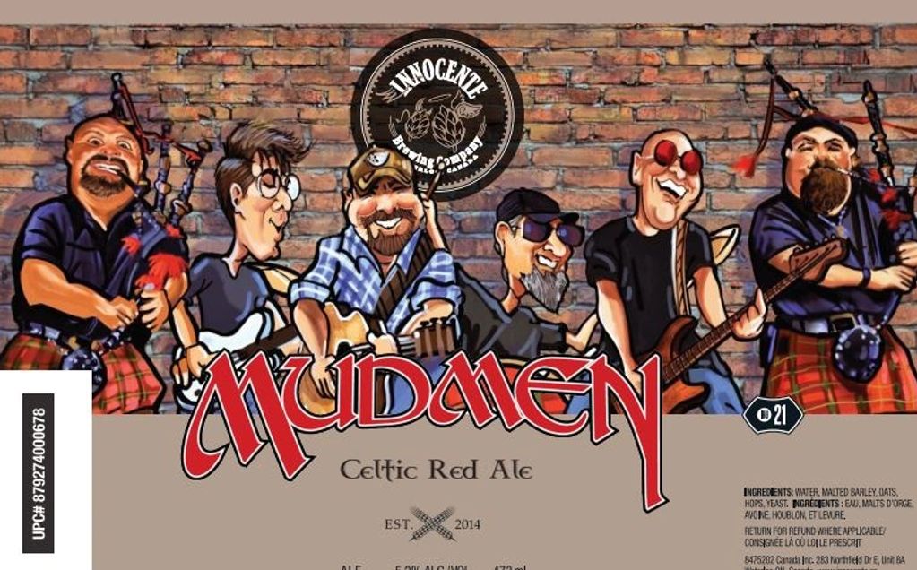 Cartoon band playing instruments on Mudmen Celtic Red Ale label.