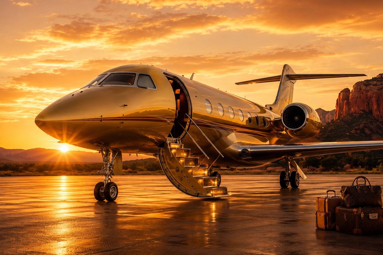 Private jet at sunset with luggage on tarmac.