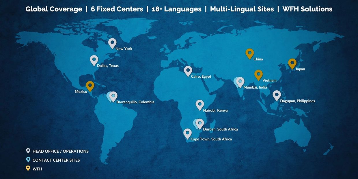 World map with office & contact center pins, showcasing Resolv Global’s multilingual support network