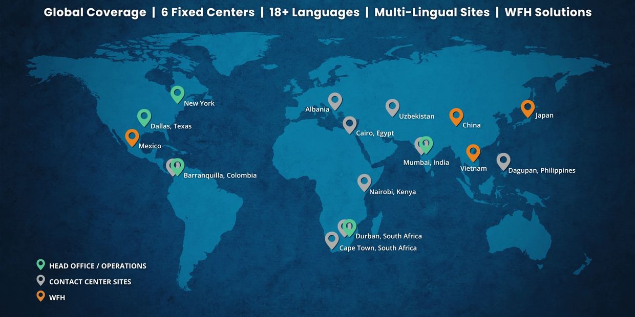 Global operations map showing head office, contact centers, and work-from-home locations worldwide.