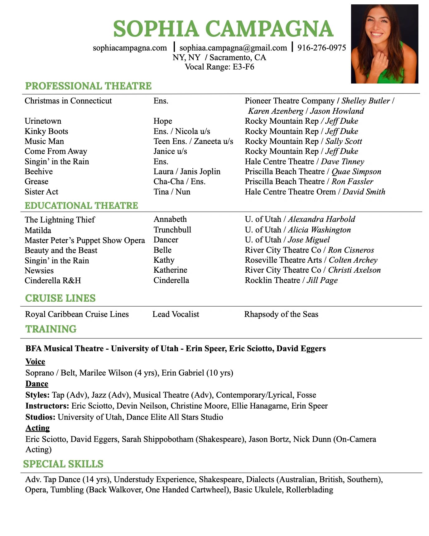 Sophia Campagna's professional theatre resume with roles, training, and special skills.