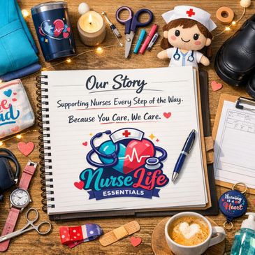 A notebook with a nurse-themed message surrounded by nursing essentials and decorations.
