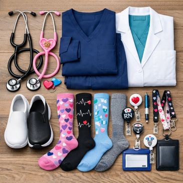 Nursing essentials including uniforms, stethoscopes, socks, shoes, and ID badges.