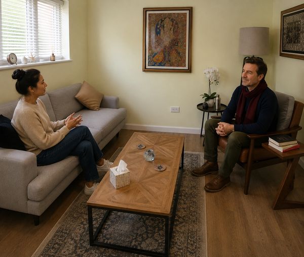 Two people engaged in a conversation in a cozy living room.istening and understanding a client in a safe space.