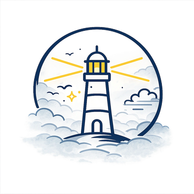 Illustration of a lighthouse shining bright amidst clouds and birds.