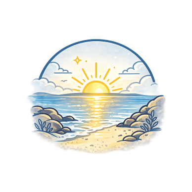 Illustration of a serene sunrise over the ocean with rocks and plants.