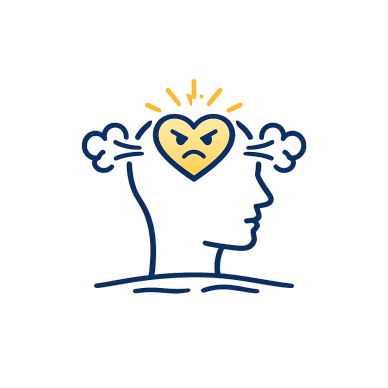 Outline of a head with an angry heart and steam coming from ears.