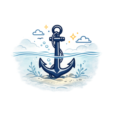 Illustration of an anchor submerged in water with clouds and bubbles.