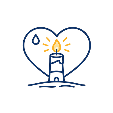 Lighthouse with a glowing candle flame inside a heart symbol with a water droplet.