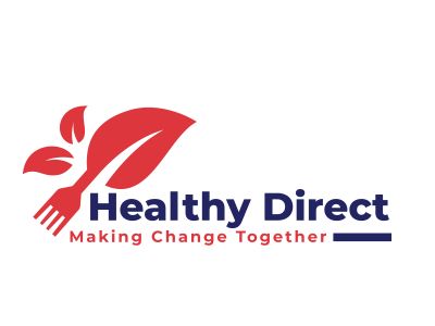 Healthy Direct logo with leaf and fork design.