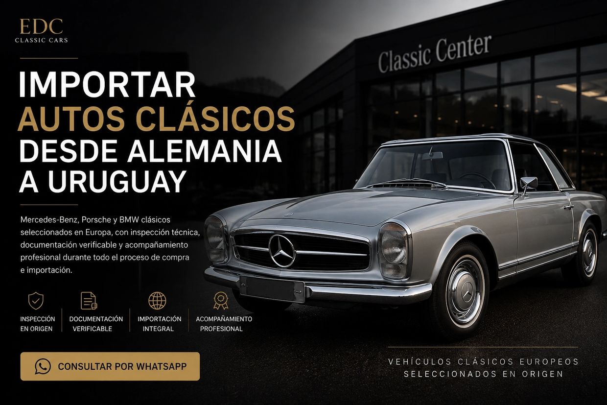 An elegant classic Mercedes-Benz car showcased for import from Germany to Uruguay.