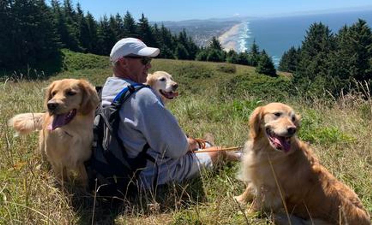 Man resting on a hill with three golden retrievers and ocean view.