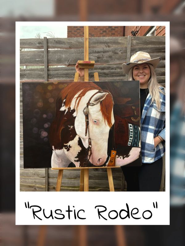 Woman with cowboy hat beside a painting of a horse titled 'Rustic Rodeo'.