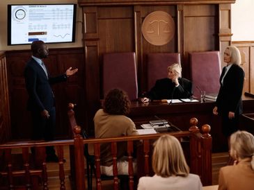 Lawyers and judge in a courtroom during a trial.