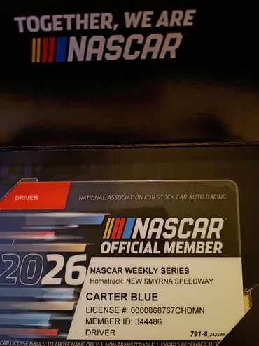 NASCAR official member card for Carter Blue with 2026