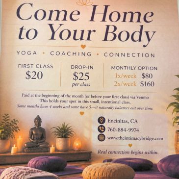 Flyer for yoga coaching and connection classes in Encinitas, CA.