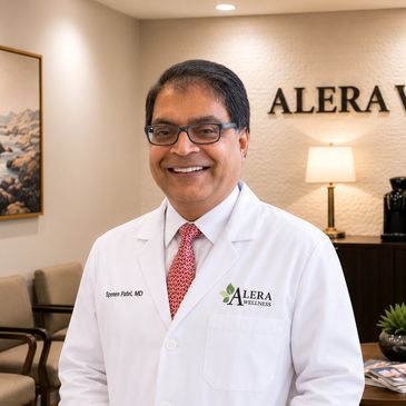 Smiling male doctor in white coat at Alera Wellness clinic.