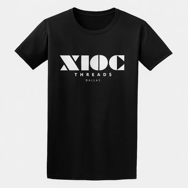 Black t-shirt with bold white logo text 'XIOC THREADS DALLAS'.