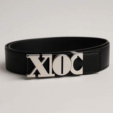 Black leather belt with a shiny silver buckle featuring the letters X, O, and C.