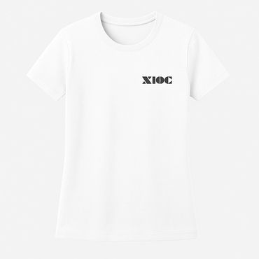 White t-shirt with black geometric text design on the chest.