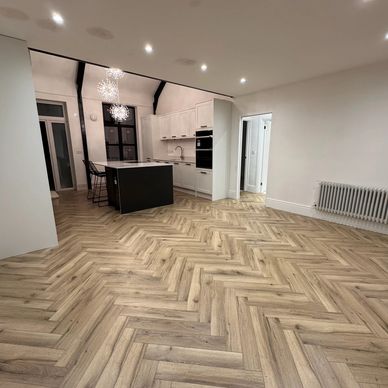 Modern kitchen with herringbone wood flooring.