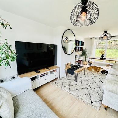 Bright living room with modern decor and a dog resting.