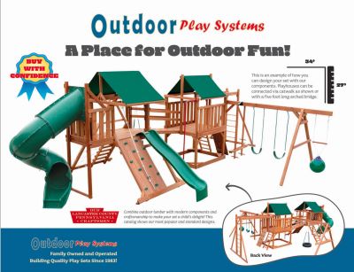 Wooden outdoor play system with slides and swings.
